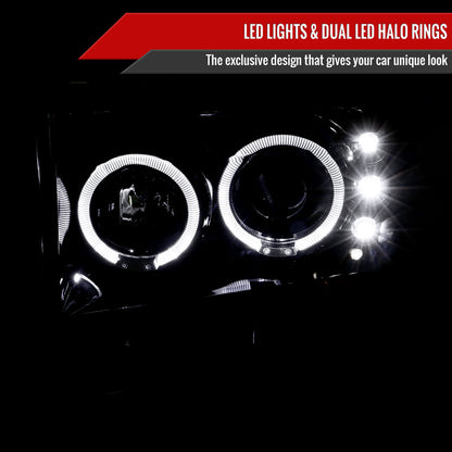 1999-2004 Ford Excursion F-250 F-350 F-450 F-550 Dual Halo Projector Headlights (Glossy Black/Smoked Lens)
