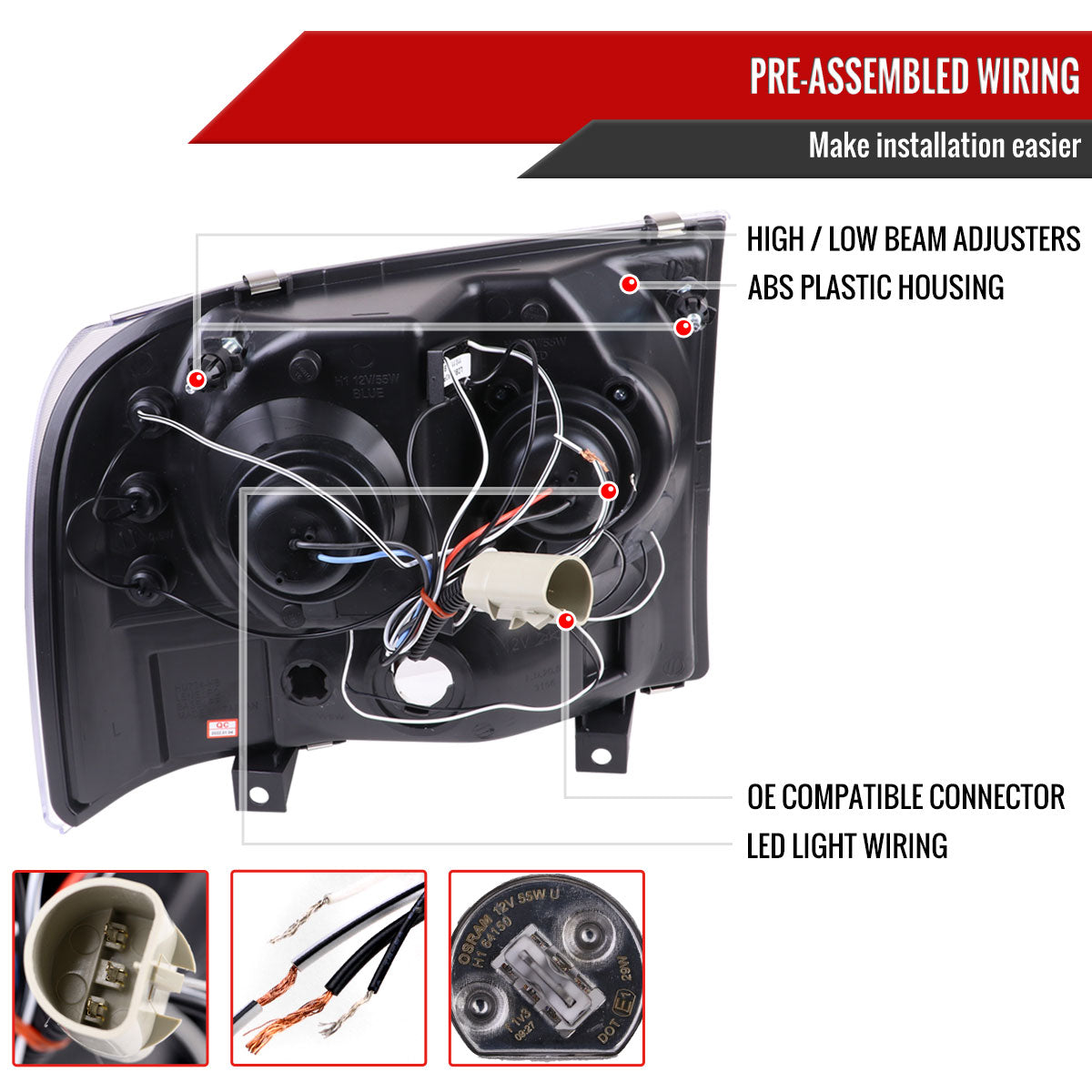 1999-2004 Ford Excursion F-250 F-350 F-450 F-550 Dual Halo Projector Headlights (Glossy Black/Smoked Lens)
