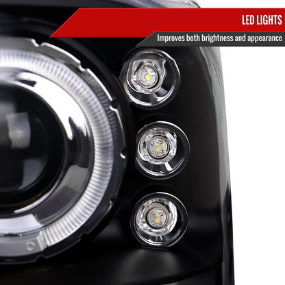 1999-2004 Ford Excursion F-250 F-350 F-450 F-550 Dual Halo Projector Headlights (Matte Black Housing/Clear Lens)