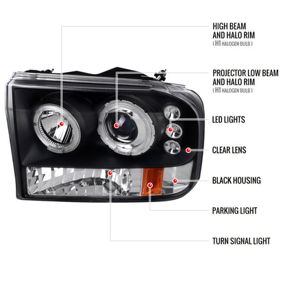 1999-2004 Ford Excursion F-250 F-350 F-450 F-550 Dual Halo Projector Headlights (Matte Black Housing/Clear Lens)