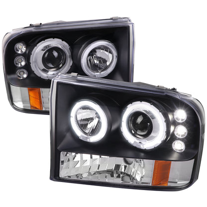 1999-2004 Ford Excursion F-250 F-350 F-450 F-550 Dual Halo Projector Headlights (Matte Black Housing/Clear Lens)