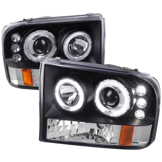 1999-2004 Ford Excursion F-250 F-350 F-450 F-550 Dual Halo Projector Headlights (Matte Black Housing/Clear Lens)
