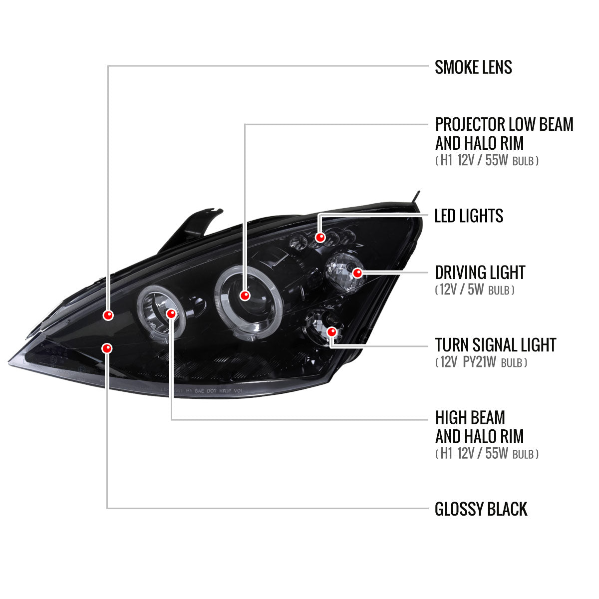 2000-2004 Ford Focus Dual Halo Projector Headlights (Glossy Black Housing/Smoked Lens)