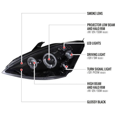 2000-2004 Ford Focus Dual Halo Projector Headlights (Glossy Black Housing/Smoked Lens)
