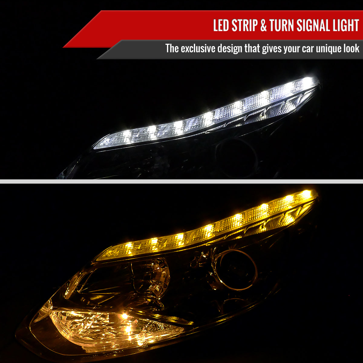 2012-2014 Ford Focus Projector Headlights w/ LED Light Strip & LED Turn Signal Lights (Chrome Housing/Clear Lens)