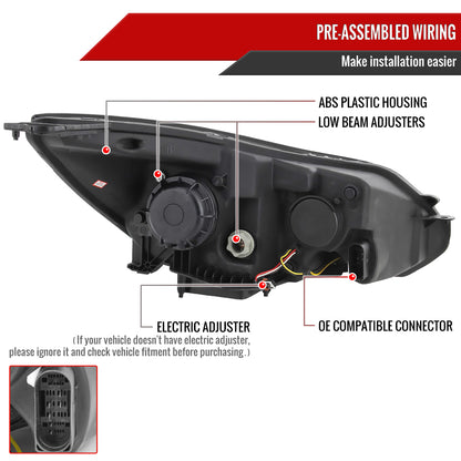 2012-2014 Ford Focus Projector Headlights w/ LED Light Strip & LED Turn Signal Lights (Chrome Housing/Clear Lens)