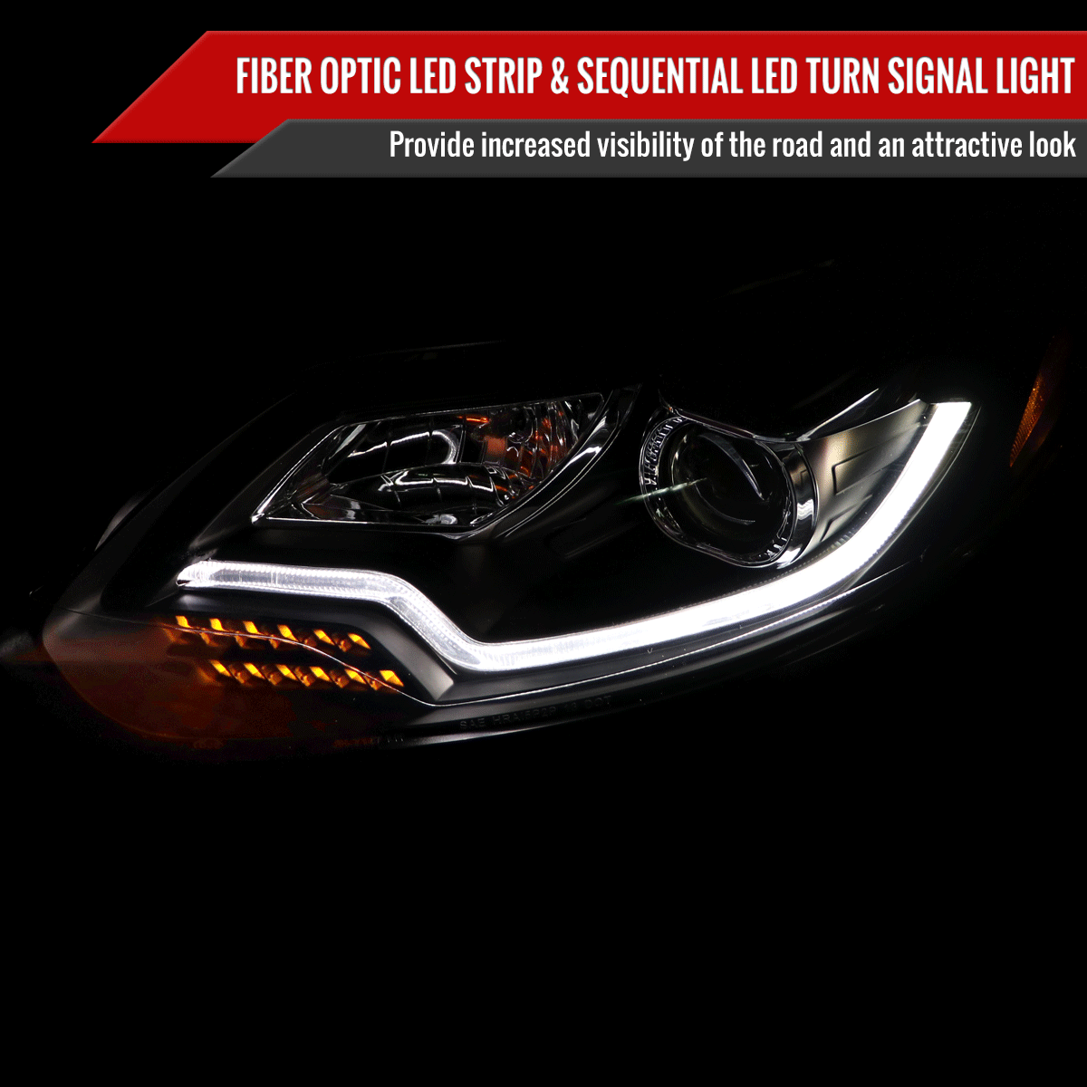 2012-2014 Ford Focus Projector Headlights w/ LED Light Strip & Sequential Turn Signal Lights (Matte Black Housing/Clear Lens)