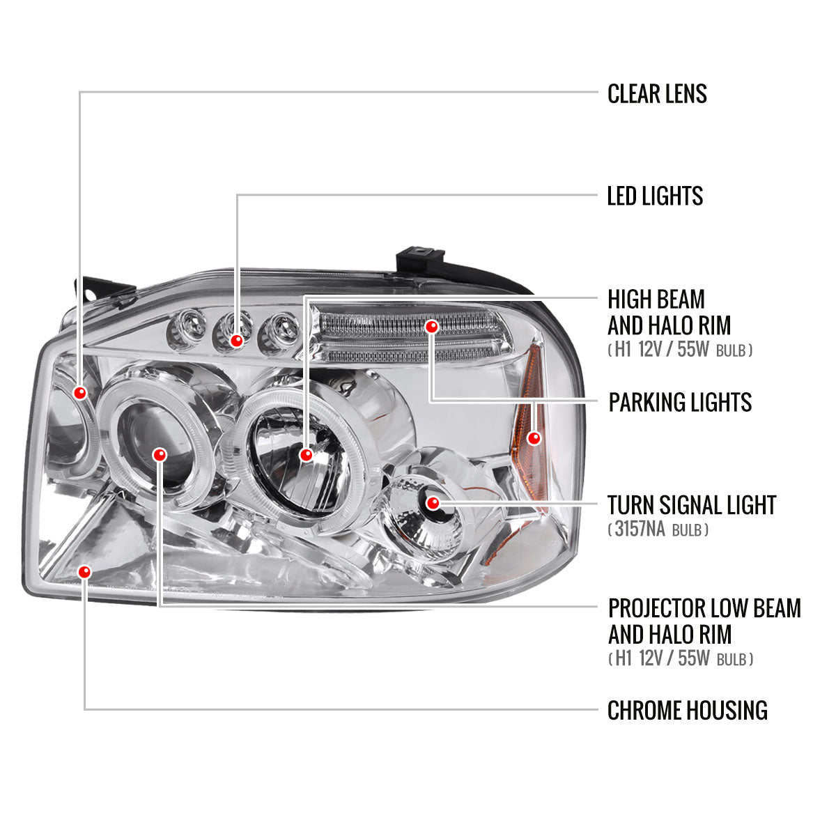 2001-2004 Nissan Frontier Dual Halo Projector Headlights (Chrome Housing/Clear Lens)
