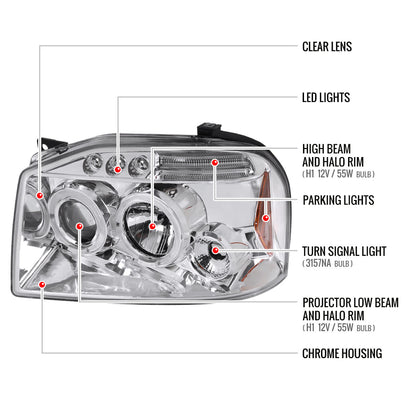 2001-2004 Nissan Frontier Dual Halo Projector Headlights (Chrome Housing/Clear Lens)