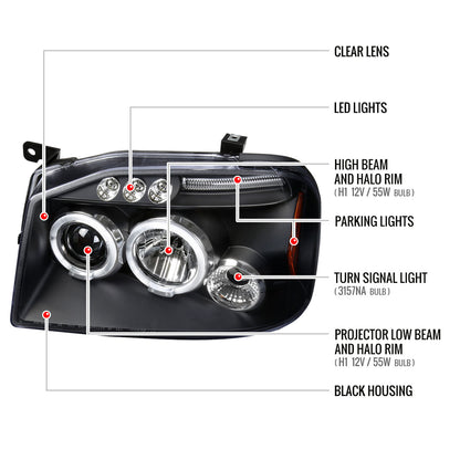 2001-2004 Nissan Frontier Dual Halo Projector Headlights (Matte Black Housing/Clear Lens)