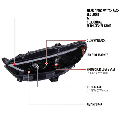 2013-2016 Ford Fusion Switchback Sequential Turn Signal Projector Headlights (Glossy Black Housing/Smoked Lens)