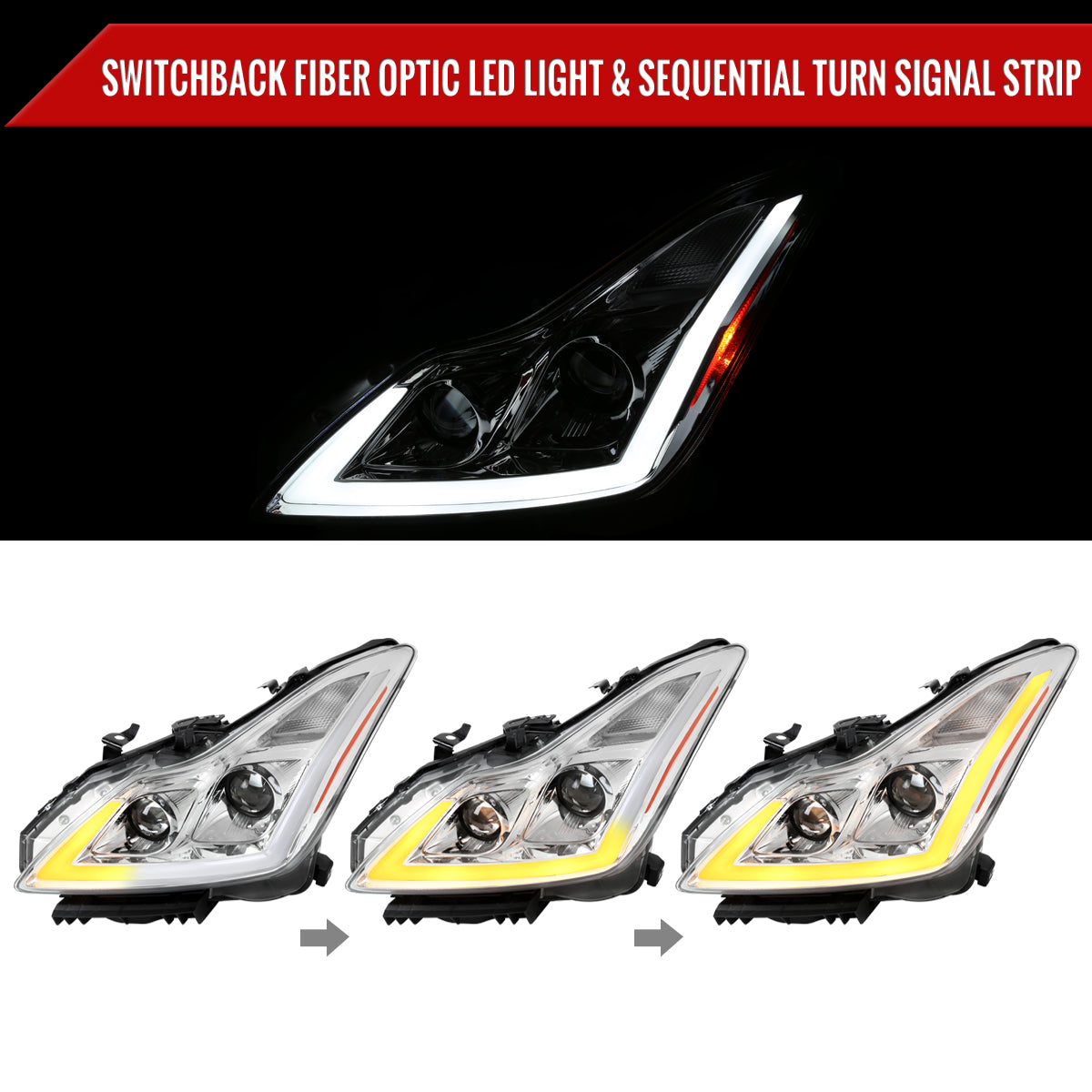 2008-2013 Infiniti G37/2014-2015 Q60 Coupe/Convertible Sequential Switchback LED Turn Signal Projector Headlights (Chrome Housing/Clear Lens)