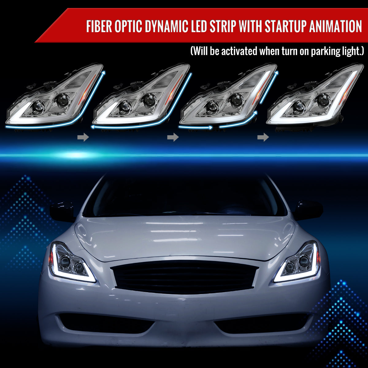 2008-2013 Infiniti G37/2014-2015 Q60 Coupe/Convertible Sequential Switchback LED Turn Signal Projector Headlights (Chrome Housing/Clear Lens)