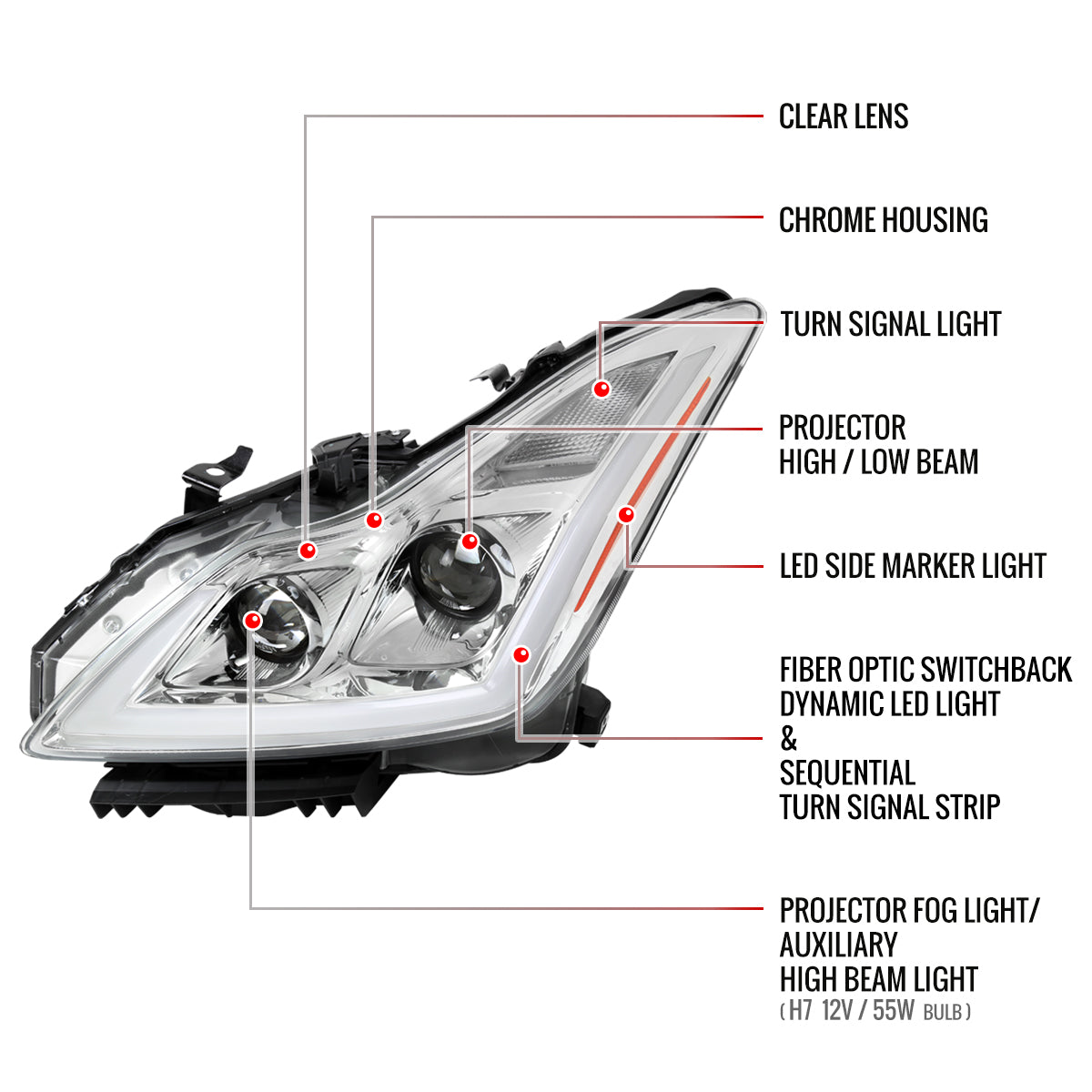 2008-2013 Infiniti G37/2014-2015 Q60 Coupe/Convertible Sequential Switchback LED Turn Signal Projector Headlights (Chrome Housing/Clear Lens)