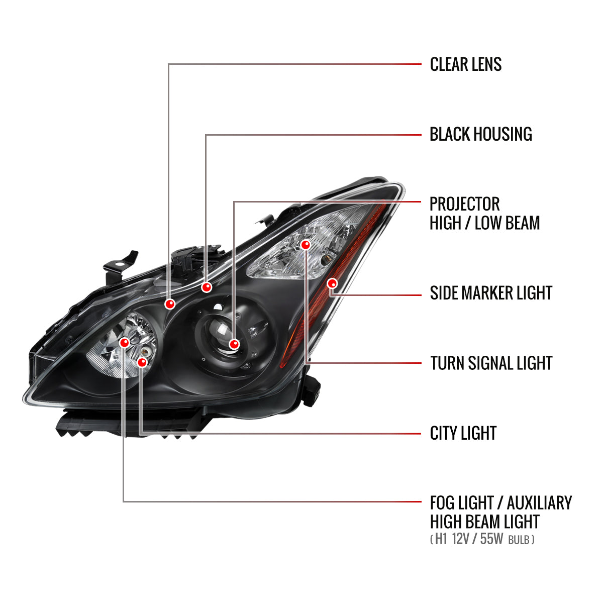2008-2013 Infiniti G37/2014-2015 Q60 2 Door Coupe/Convertible Factory Style Projector Headlights (Matte Black Housing/Clear Lens)