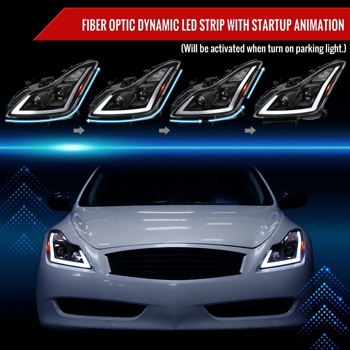 2008-2013 Infiniti G37/2014-2015 Q60 Coupe/Convertible Sequential Switchback LED Turn Signal Projector Headlights (Matte Black Housing/Clear Lens)