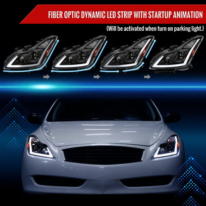 2008-2013 Infiniti G37/2014-2015 Q60 Coupe/Convertible Sequential Switchback LED Turn Signal Projector Headlights (Matte Black Housing/Clear Lens)