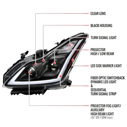 2008-2013 Infiniti G37/2014-2015 Q60 Coupe/Convertible Sequential Switchback LED Turn Signal Projector Headlights (Matte Black Housing/Clear Lens)