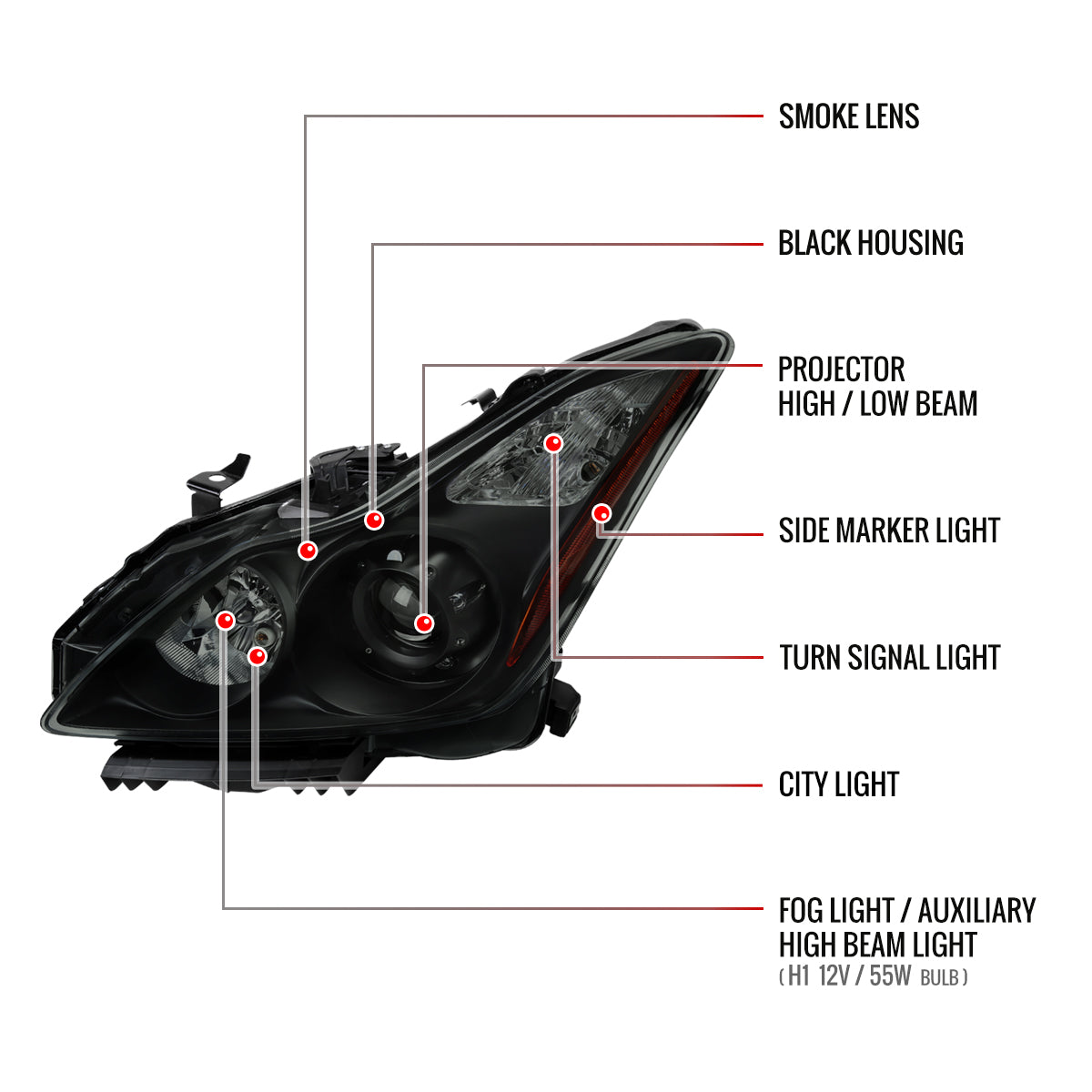 2008-2013 Infiniti G37/2014-2015 Q60 2 Door Coupe/Convertible Factory Style Projector Headlights (Matte Black Housing/Smoked Lens)