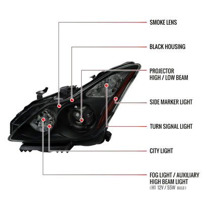 2008-2013 Infiniti G37/2014-2015 Q60 2 Door Coupe/Convertible Factory Style Projector Headlights (Matte Black Housing/Smoked Lens)