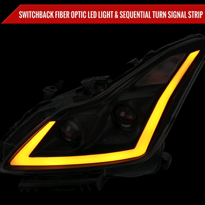 2008-2013 Infiniti G37/2014-2015 Q60 Coupe/Convertible Sequential Switchback LED Turn Signal Projector Headlights (Matte Black Housing/Smoked Lens)
