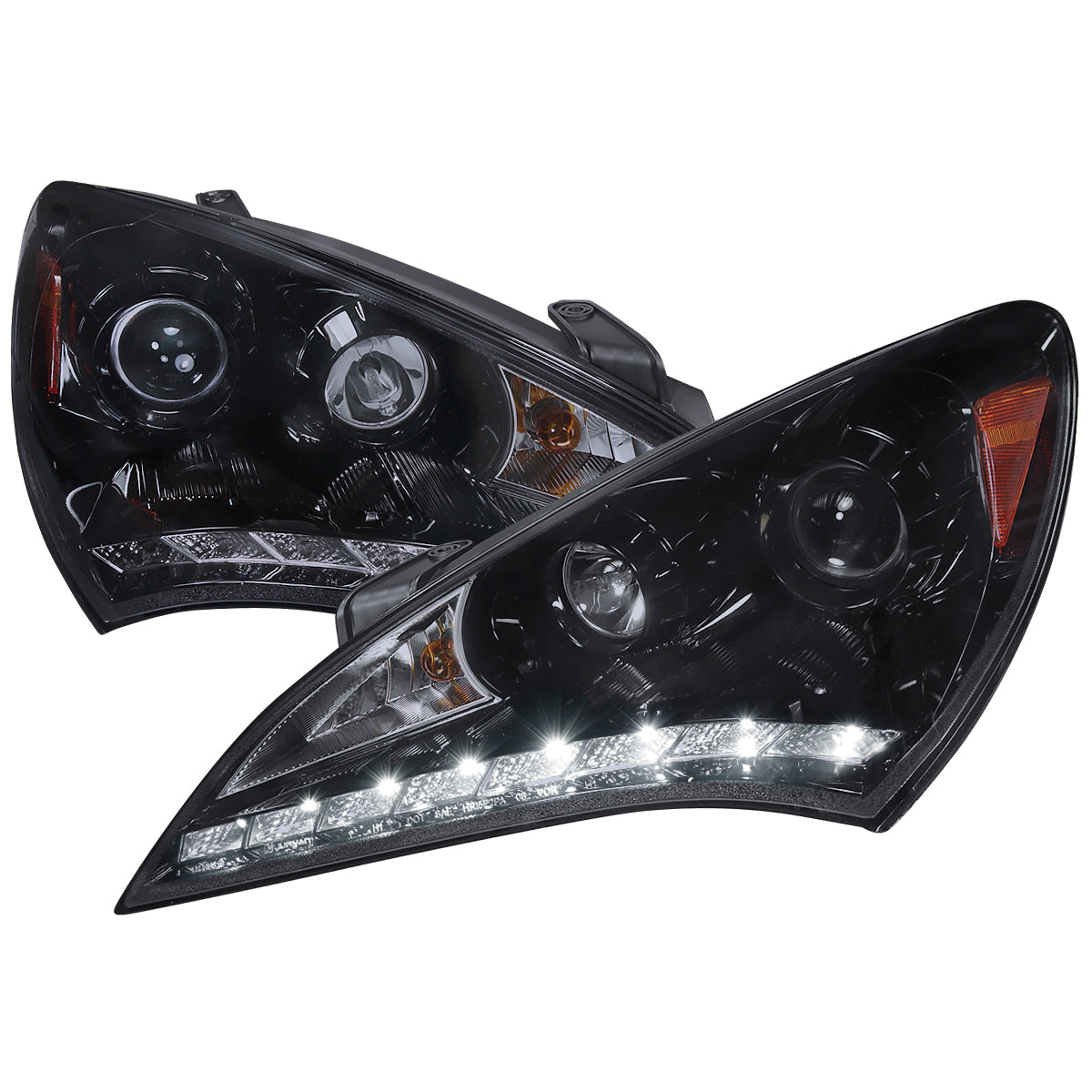 2010-2012 Hyundai Genesis Coupe R8 Style LED Strip Projector Headlights (Glossy Black Housing/Smoked Lens)