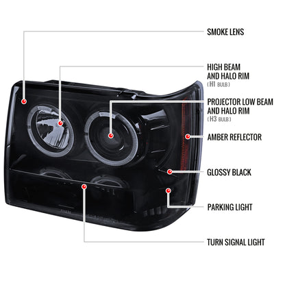1993-1996 Jeep Grand Cherokee Dual Halo Projector Headlights (Glossy Black Housing/Smoked Lens)