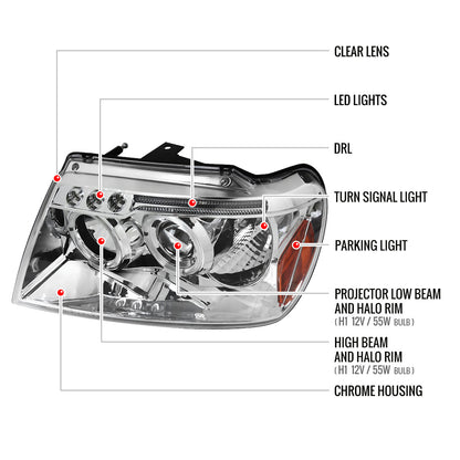 1999-2004 Jeep Grand Cherokee Dual Halo Projector Headlights (Chrome Housing/Clear Lens)