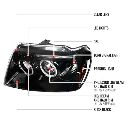 1999-2004 Jeep Grand Cherokee Dual Halo Projector Headlights (Jet Black Housing/Clear Lens)