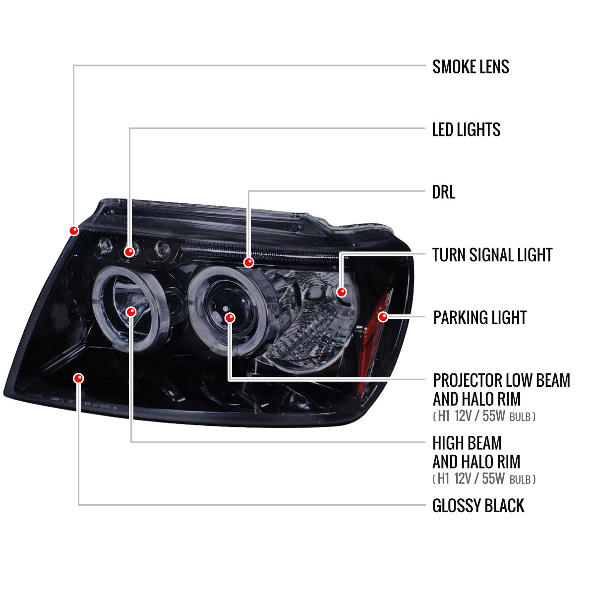 1999-2004 Jeep Grand Cherokee Dual Halo Projector Headlights (Glossy Black Housing/Smoked Lens)