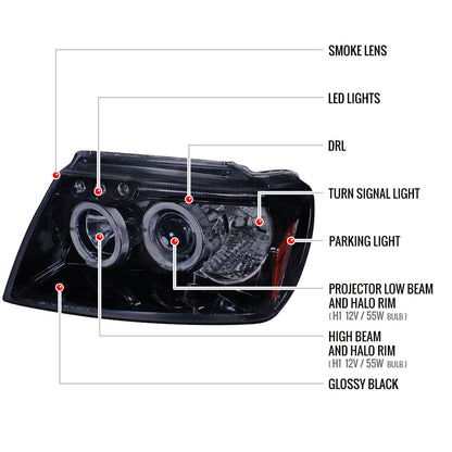 1999-2004 Jeep Grand Cherokee Dual Halo Projector Headlights (Glossy Black Housing/Smoked Lens)