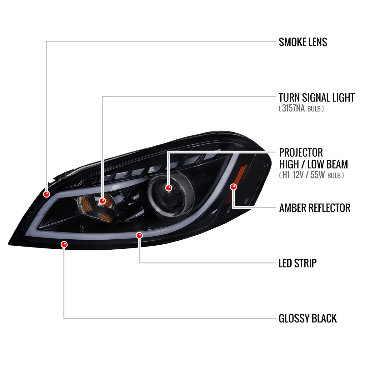 2006-2013 Chevrolet Impala / 2014-2015 Impala Limited / 2006-2007 Monte Carlo LED Bar Projector Headlights (Glossy Black Housing/Smoked Lens)