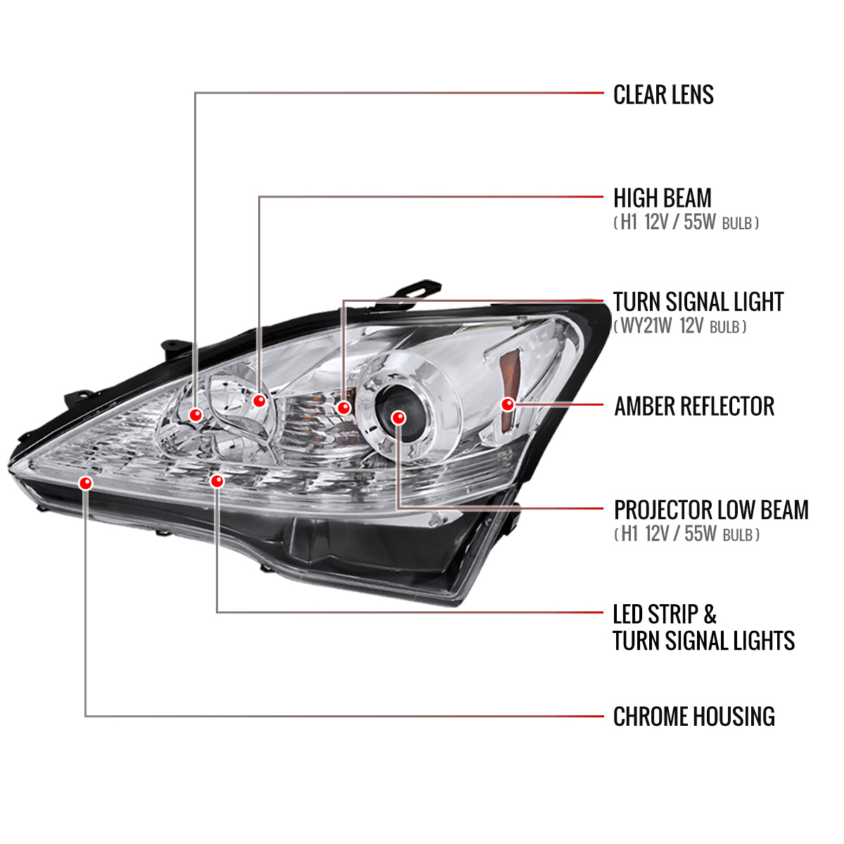 2006-2010 Lexus IS250/IS350 SMD LED Light Strip Projector Headlights (Chrome Housing/Clear Lens)