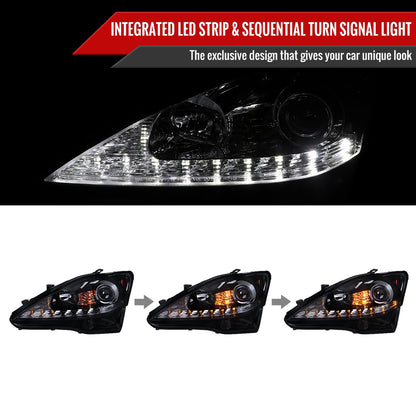 2006-2010 Lexus IS250/IS350 SMD LED Light Strip Projector Headlights w/ Sequential Turn Signals (Glossy Black Housing/Smoked Lens)