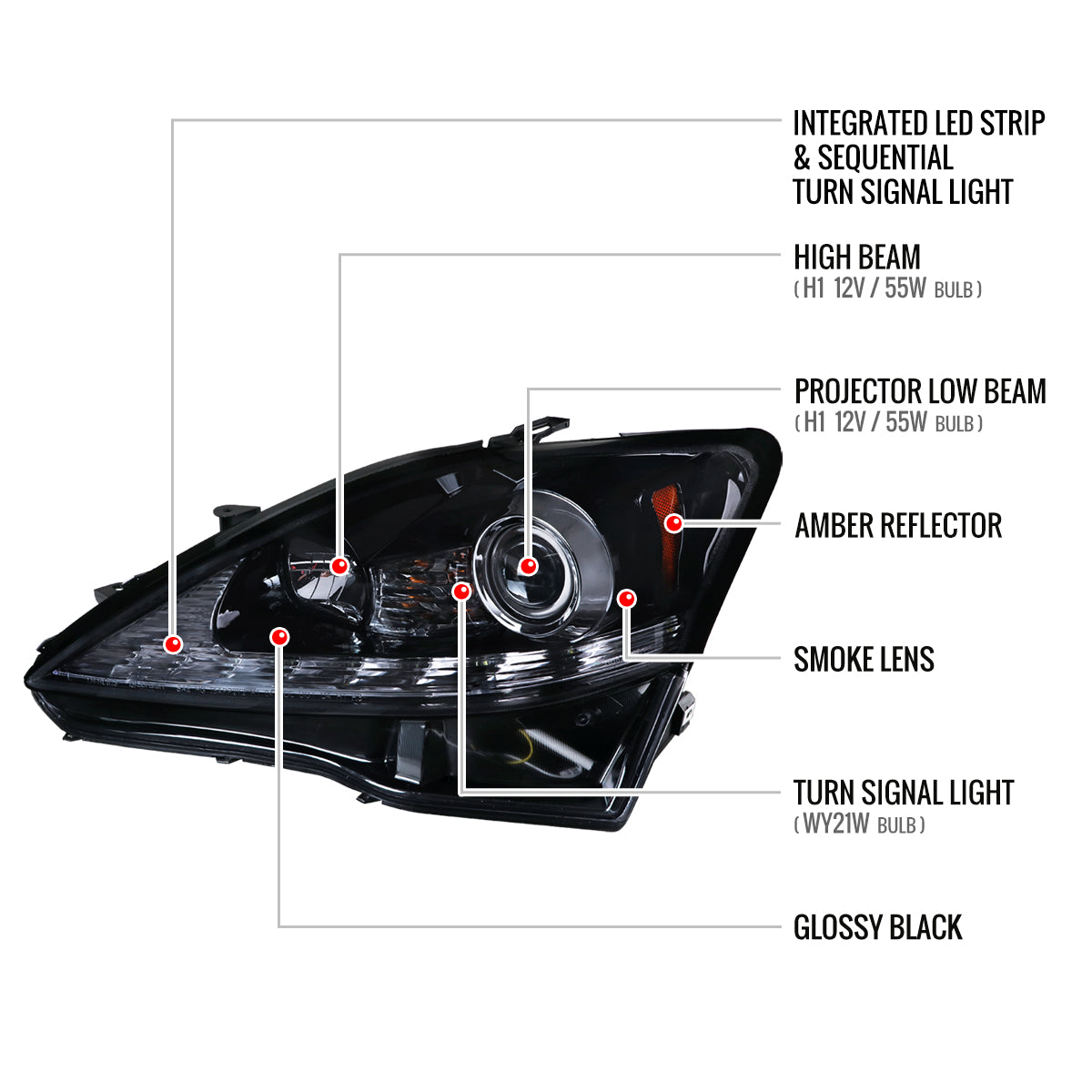 2006-2010 Lexus IS250/IS350 SMD LED Light Strip Projector Headlights w/ Sequential Turn Signals (Glossy Black Housing/Smoked Lens)