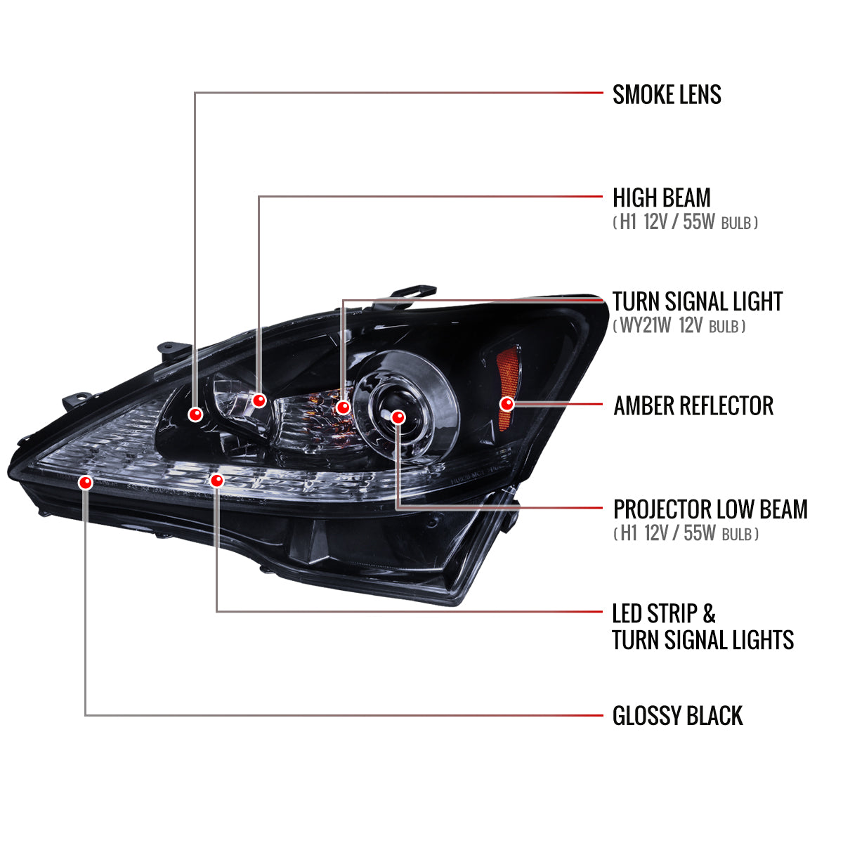 2006-2010 Lexus IS250/IS350 SMD LED Light Strip Projector Headlights w/ LED Turn Signal Lights (Glossy Black Housing/Smoked Lens)