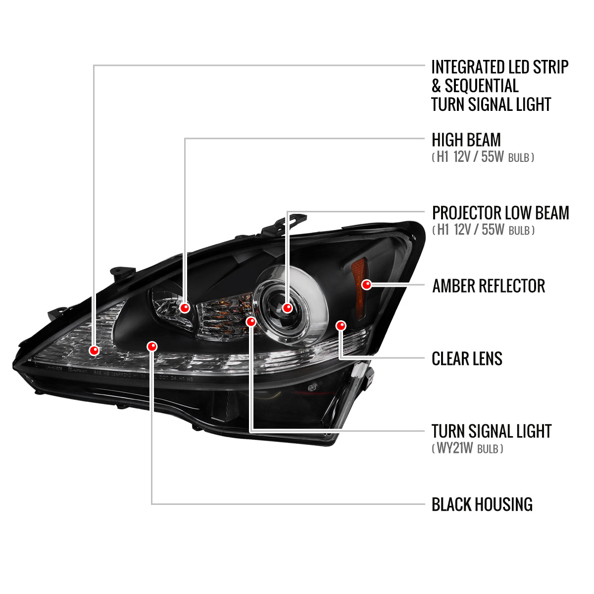 2006-2010 Lexus IS250/IS350 SMD LED Light Strip Projector Headlights w/ Sequential Turn Signals (Matte Black Housing/Clear Lens)