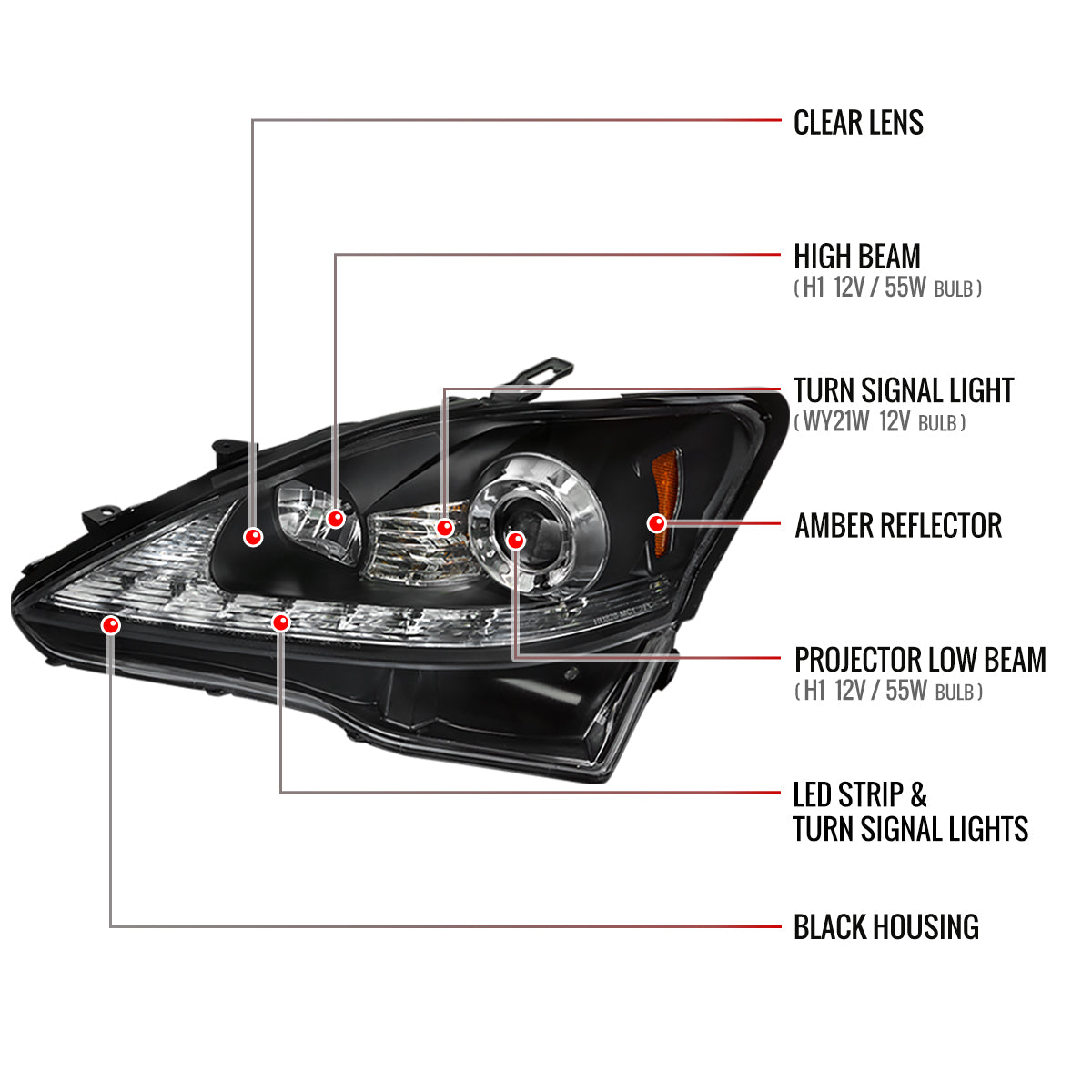 2006-2010 Lexus IS250/IS350 SMD LED Light Strip Projector Headlights w/ LED Turn Signal Lights (Matte Black Housing/Clear Lens)