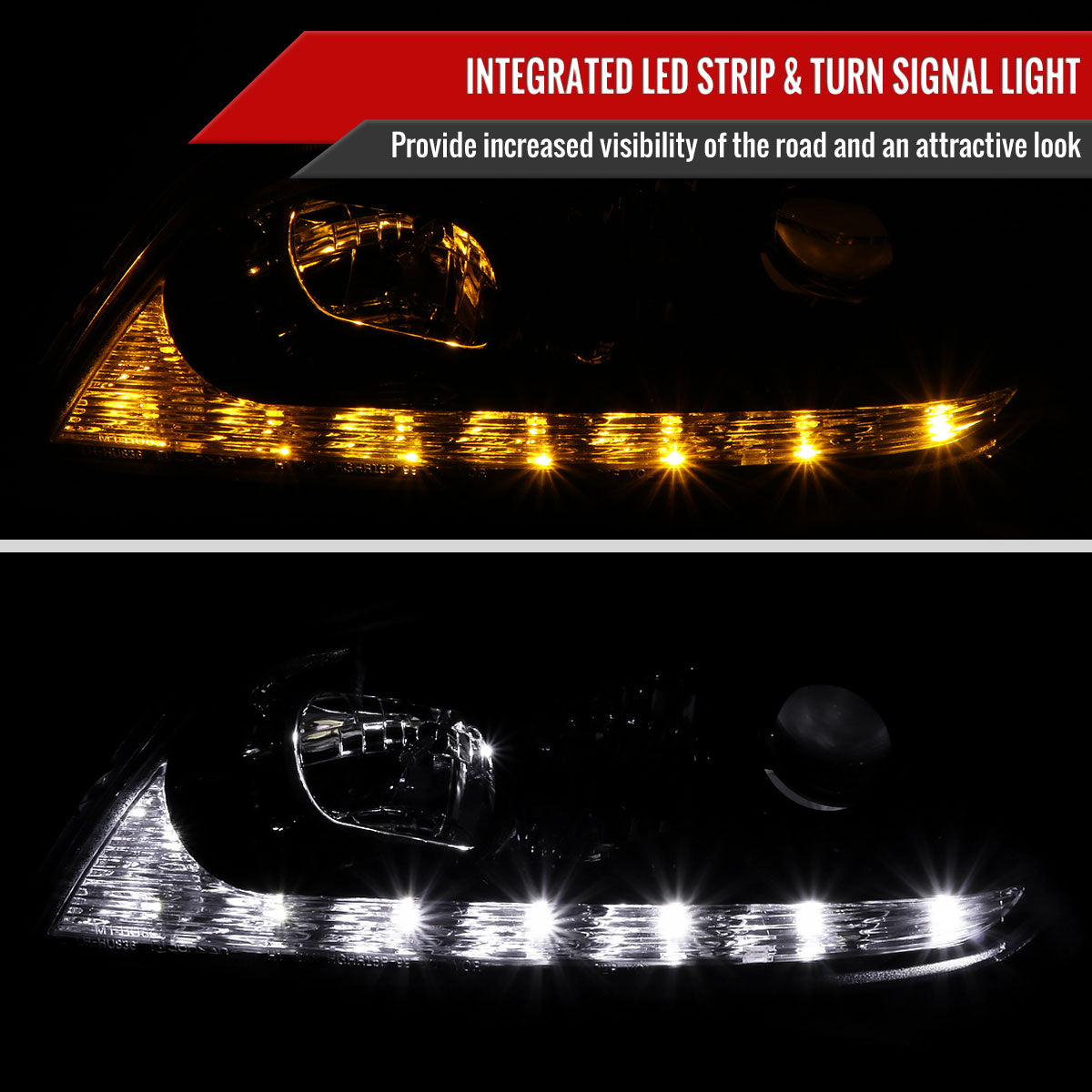 2001-2005 Lexus IS300 Projector Headlights w/ LED Light Strip & LED Turn Signal Lights (Glossy Black Housing/Smoked Lens)
