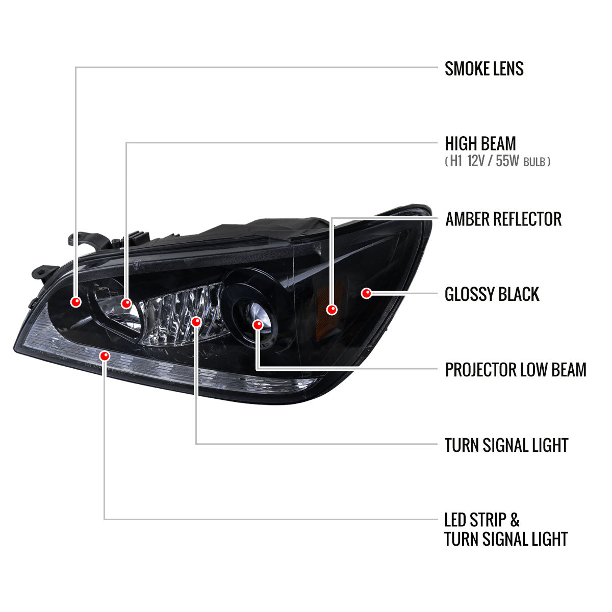 2001-2005 Lexus IS300 Projector Headlights w/ LED Light Strip & LED Turn Signal Lights (Glossy Black Housing/Smoked Lens)