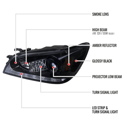 2001-2005 Lexus IS300 Projector Headlights w/ LED Light Strip & LED Turn Signal Lights (Glossy Black Housing/Smoked Lens)