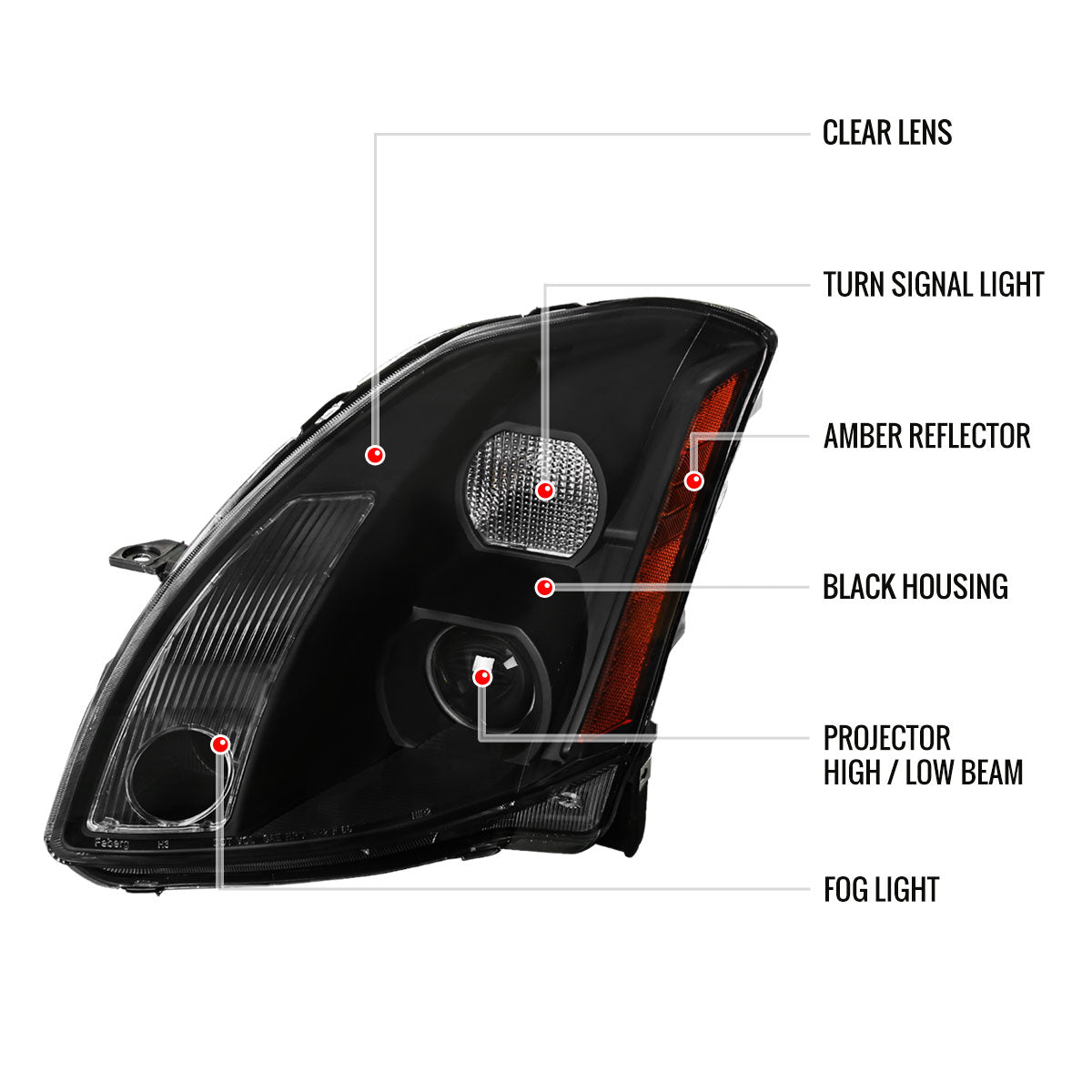 2004-2006 Nissan Maxima Projector Headlights w/ Amber Reflectors (Matte Black Housing/Clear Lens)
