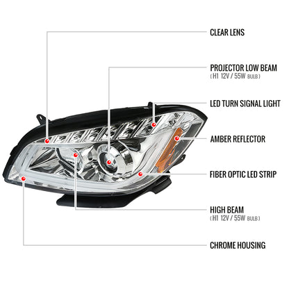 2008-2012 Chevrolet Malibu LS LT LTZ Hybrid LED Bar Projector Headlights w/ LED Turn Signal Lights (Chrome Housing/Clear Lens)