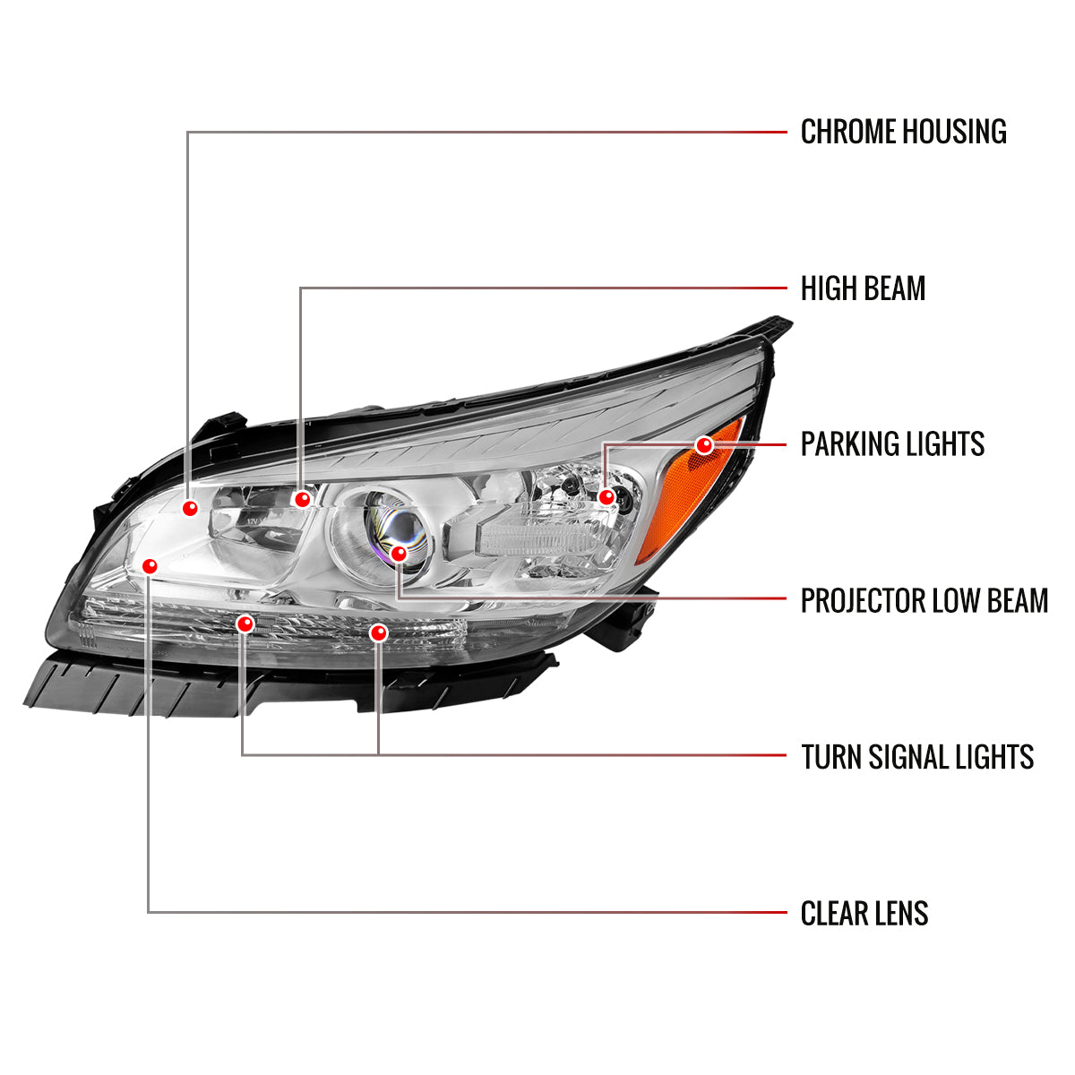 2013-2015 Chevrolet Malibu / 2016 Malibu Limited Projector Headlights w/ Amber Reflectors (Chrome Housing/Clear Lens)