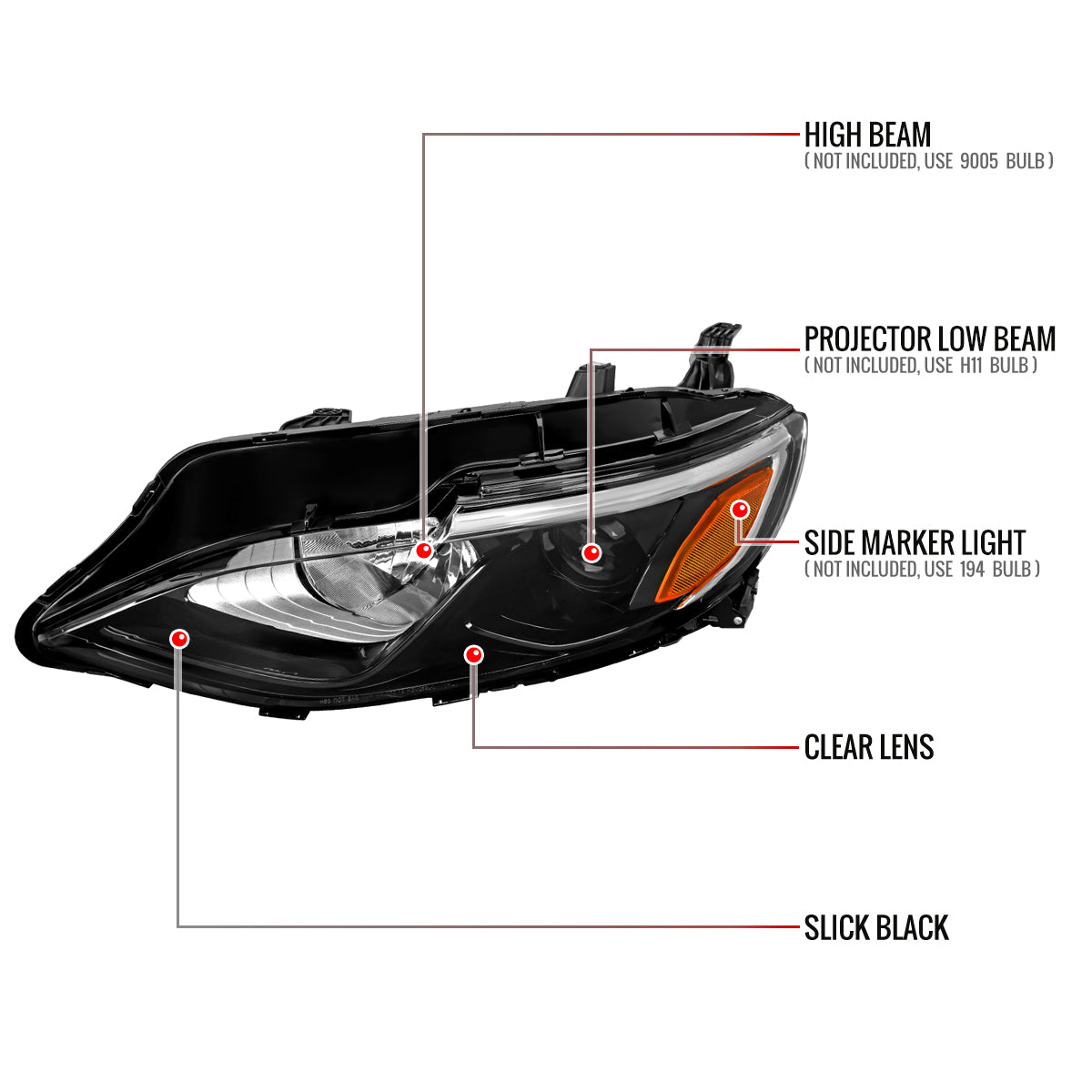 2019-2024 Chevrolet Malibu Factory Style Projector Headlights (Glossy Black Housing/Clear Lens)