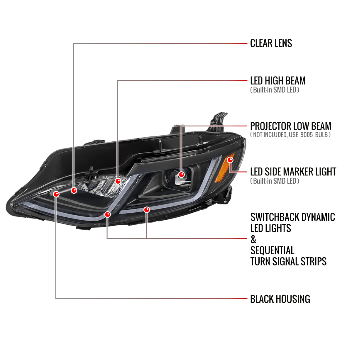 2019-2024 Chevrolet Malibu Switchback Sequential LED Turn Signal Projector Headlights (Matte Black Housing/Clear Lens)