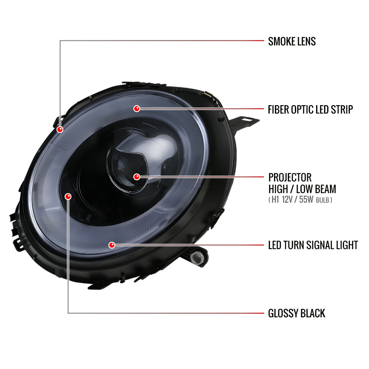 2007-2015 Mini Cooper R55 R56 R57 R58 R59 Projector Headlights w/ LED Turn Signal Lights (Glossy Black Housing/Smoked Lens)