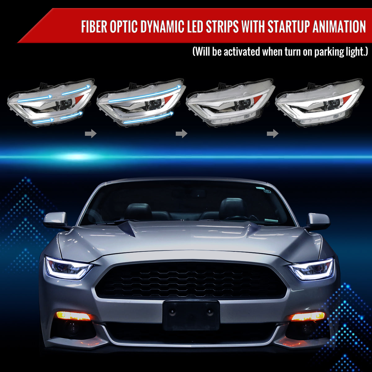 2015-2017 Ford Mustang / 2018-2020 Mustang Shelby LED Bar Xenon HID Projector Headlights (Chrome Housing/Clear Lens)