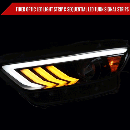 2015-2017 Ford Mustang HID-Type  LED Sequential Turn Signal Projector Headlights (Jet Black Housing/Clear Lens)
