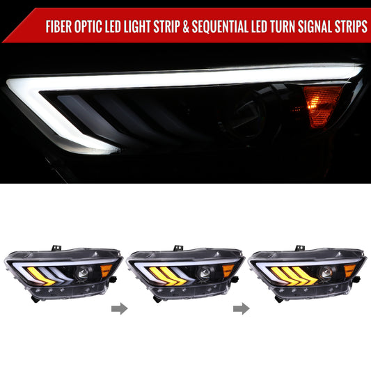 2015-2017 Ford Mustang HID-Type  LED Sequential Turn Signal Projector Headlights (Jet Black Housing/Clear Lens)